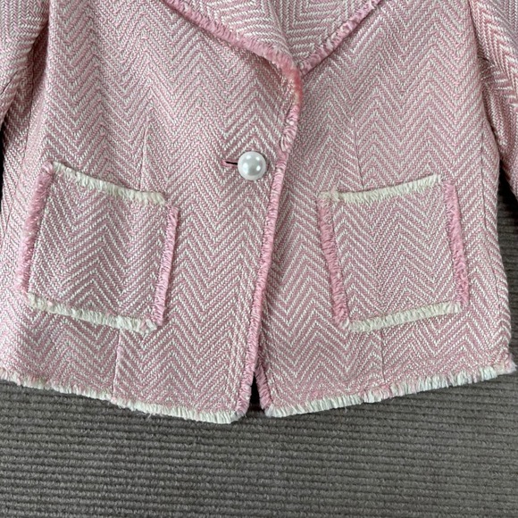 Pierre Cardin Pink Herringbone Tweed Blazer Jacket Pearl Button Fringe Size 8 - Picture 3 of 13